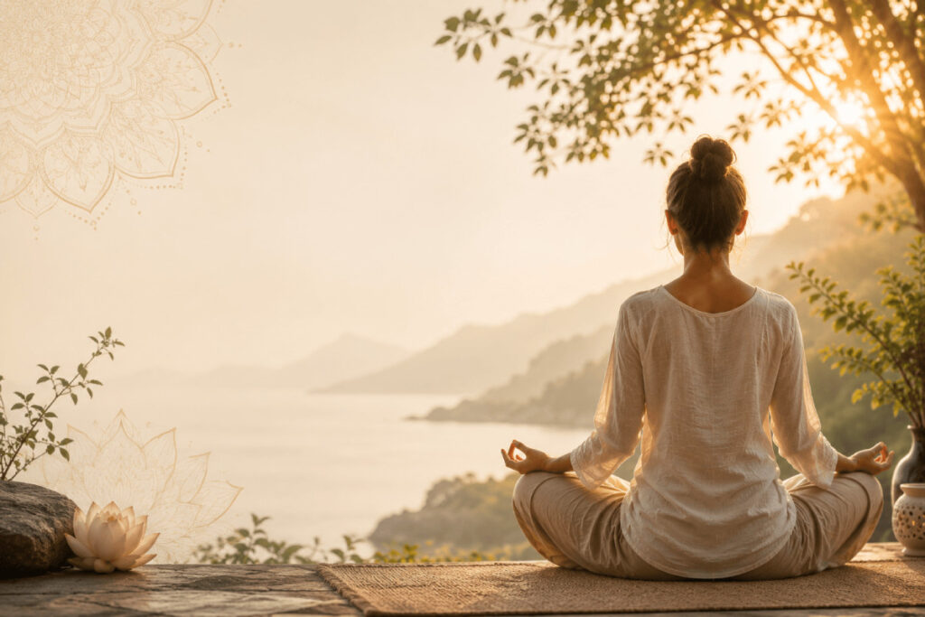 Serene meditation in nature illustrating therapeutic tantra, healing through presence, and mindful self-discovery
